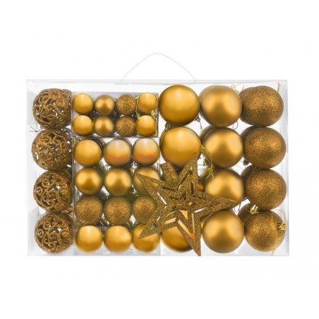 Set globuri Craciun, 100 piese, stea varf, 7 modele, auriu