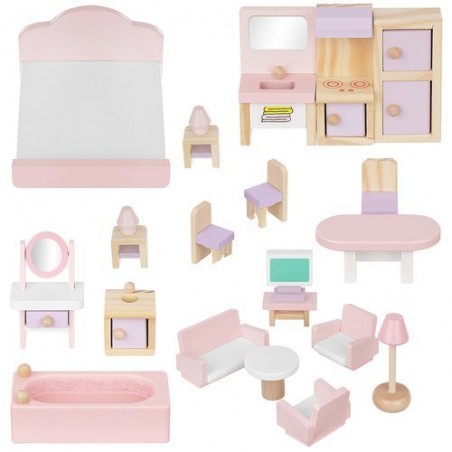 Set mobilier pentru papusi, 22 piese, diverse accesorii, 21x21x14cm, alb si roz