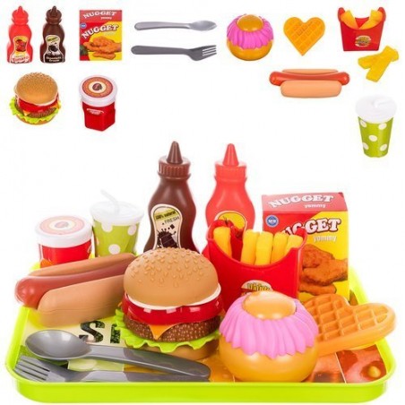 Set fast food pentru copii, 26 piese, produse alimentare, tacamuri, tava, multicolor