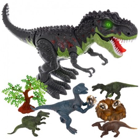 Jucarie Dinozaur T-rex interactiv, set 5 dinozauri, cuib si oua, efecte sonore si lumini, multicolor