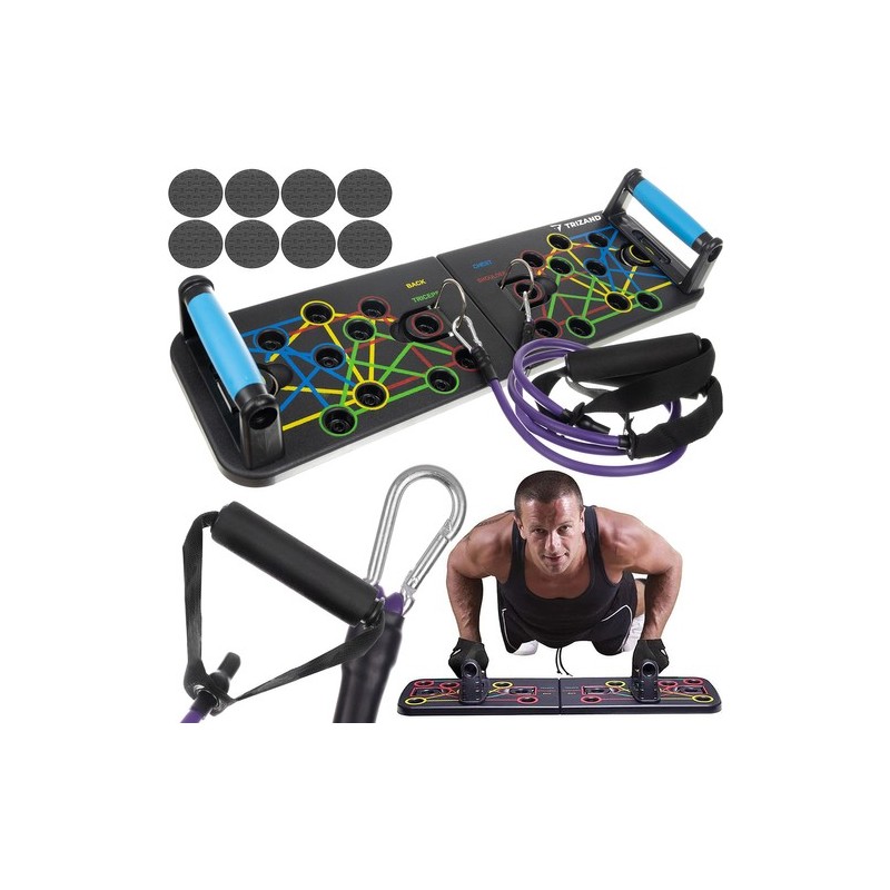 Placa cu manere pentru flotari 25 in 1, 2 benzi fitness incluse, 10x64,5x19,5 cm, negru