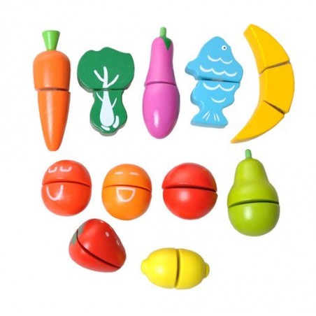 Set creativ legume/fructe pentru copii, 14 piese, lemn, multicolor