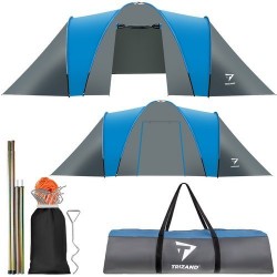 Cort camping, 6 persoane, vestibul cu baldachin, plasa tantari, 5,7x2x2,1m, gri/albastru