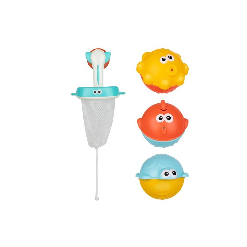 Jucarie interactiva de baie, 3 pestisori, cos cu plasa, ABS, multicolor