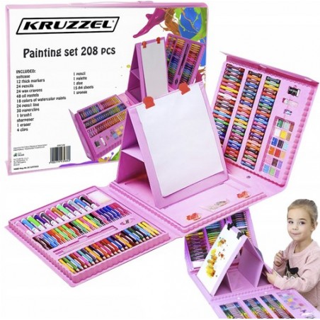 Set tabla desenat pentru copii, 208 piese, markere, creioane, acuarele, accesorii, multicolor
