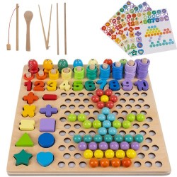 Set puzzle educativ operatii matematice, cifre, forme geometrice, undita magnet, margele, lemn, 30x30x7,5 cm, multicolor