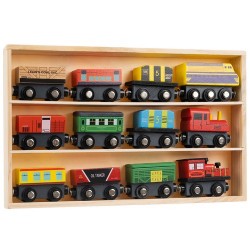 Set cale ferata pentru copii, 12 piese, 3 locomotive, 8 vagoane, magneti de prindere, lemn