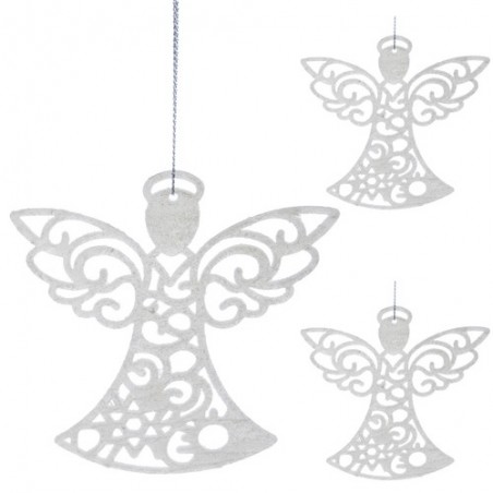 Pandantive decorative pentru Craciun, 3 ingeri, cu sclipici, plastic, 10x9,x0,2 cm