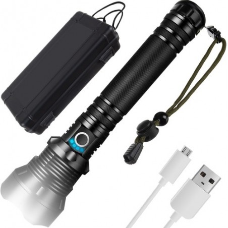 Lanterna LED P70, 3 moduri iluminare, USB, waterproof, aluminiu, 4500lm, 6800mAh, negru
