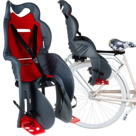 Scaun bicicleta, 3 puncte prindere, buton deblocare, plastic, 73x47x37cm, 1,85kg, gri/rosu