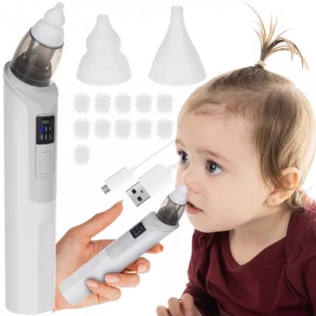 Aspirator nazal electric pentru copii, 6 moduri, 2 capete, 11 filtre, cablu USB inclus, alb