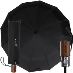 Umbrela ploaie pliabila, 12 suporturi, universala, rezistenta vant, maner lemn, negru