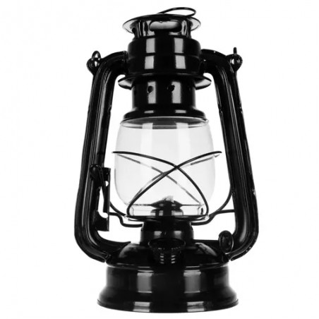 Lampa decorativa ulei, flacara reglabila, interior sticla, maner transport, rezistenta vant, 24 cm, negru
