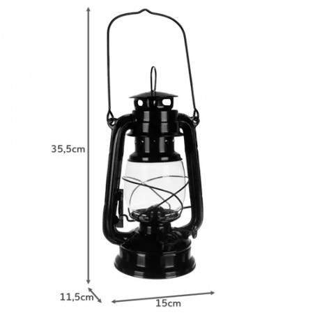 Lampa decorativa ulei, flacara reglabila, interior sticla, maner transport, rezistenta vant, 24 cm, negru