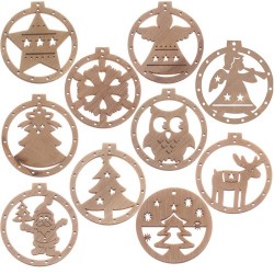 Set 10 decoratiuni din lemn pentru brad, snur prindere, 6,4x6,9 cm, maro