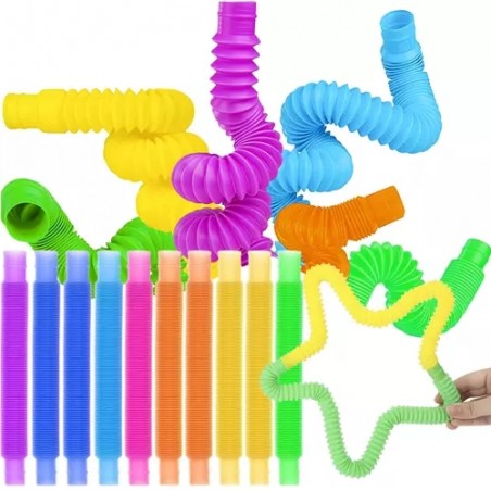 Set 10 tuburi senzoriale, plastic flexibil multicolor, stimuleaza abilitatile motorii, 15 - 51,5x2 cm
