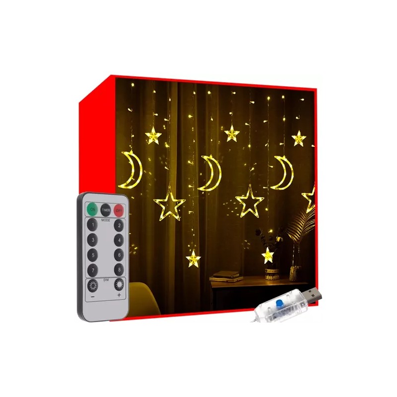 Instalatie LED lumina calda, putere 1.2W, perdea luminoasa figurine stea/semiluna, 138 LED-uri, 8 moduri, telecomanda