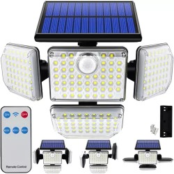 Lampa solara cu panou exterior, 181 LED-uri, lumina alb rece, 4 moduri iluminare, telecomanda, senzor miscare, 2400mAh, ABS
