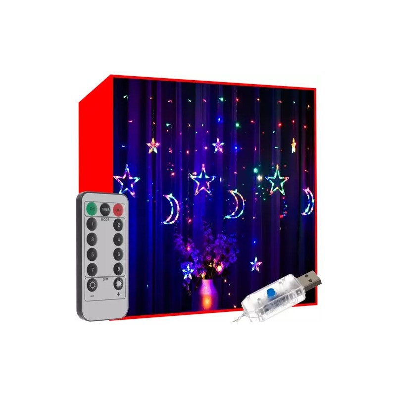 Instalatie LED, perdea multicolor cu stele si semiluna, 138 LED-uri, 1.2W, 8 moduri iluminare, telecomanda, timer, USB, IP44