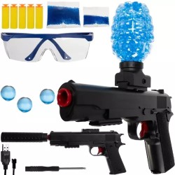 Pistol cu bile gel pentru copii, 6000 bile incluse, sageti, cablu incarcare, ochelari, surubelnita, 500mAh, raza actiune 15 m