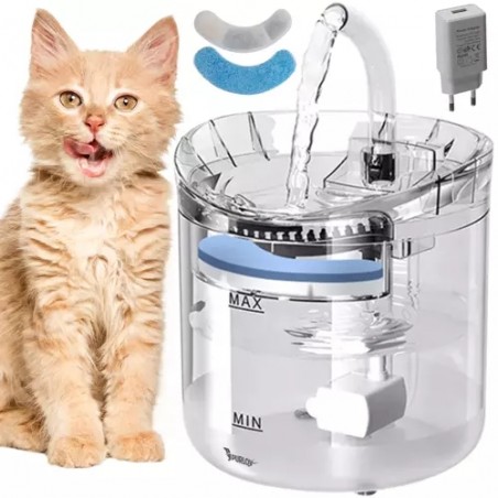 Dispenser de apa pentru caini/pisici, 2 moduri curgere, sistem filtrare, intrare USB, 2L, 16,5x22cm, transparent