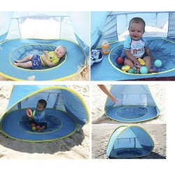 Cort de plaja cu piscina pentru copii, protectie UV, poliester, 56x56x3cm, albastru/galben