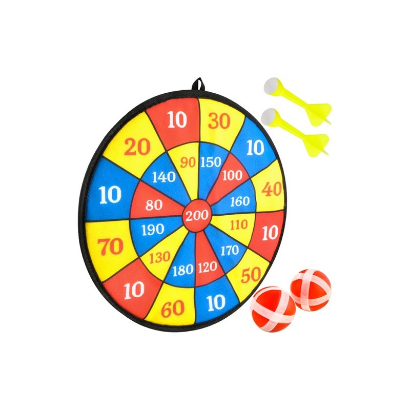 Joc dart velcro, 2 sageti incluse, 2 bile incluse, stimuleaza dexteritatea, prindere velcro, 35,5x35,5cm, 92g, multicolor