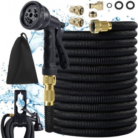 Furtun gradina extensibil 5-15 m, pistol cu 8 tipuri pulverizare, carlig prindere, husa transport, negru
