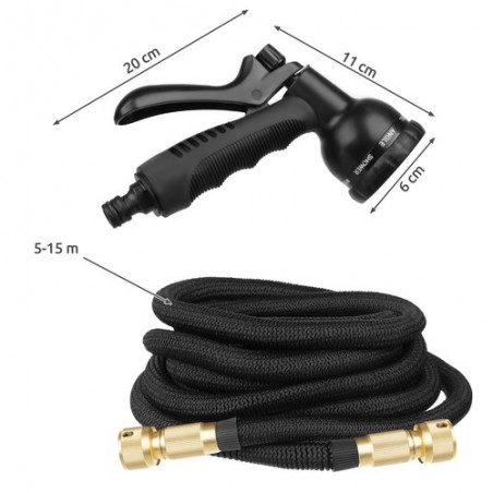 Furtun gradina extensibil 5-15 m, pistol cu 8 tipuri pulverizare, carlig prindere, husa transport, negru