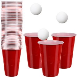 Joc beer pong, set 50 pahare si 3 mingi ping pong, capacitate 450 ml, rosu
