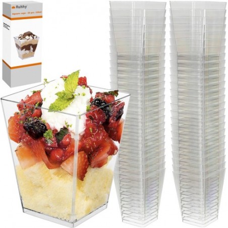 Set 50 cupe pentru desert, 120ml, forma piramida, plastic transparent, 5,8x5,8x7,4 cm