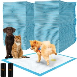 Set 100 covorase absorbante pentru caini si pisici, 2 role pungi incluse, 60x90cm, alb/albastru