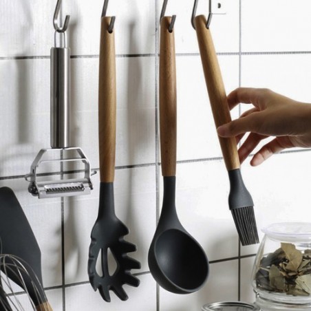 Set ustensile bucatarie, 12 piese, rezistenta temperaturi ridicate, flexibile, lemn/silicon, 827g, negru/bej