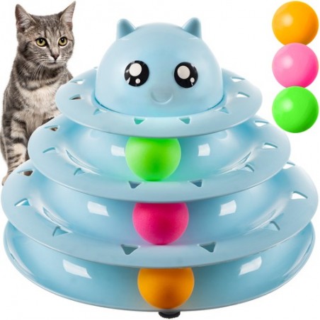 Jucarie interactiva pentru pisici, turn cu bile, 3 niveluri, 3 bile incluse, plastic, 24x24x19 cm, albastru
