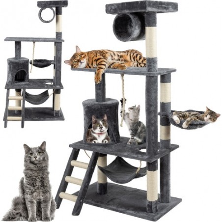 Ansamblu de joaca pentru pisici, 5 etaje, jucarie inclusa, 145x95x64cm, gri/bej