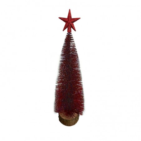 Bradut artificial de Craciun, ornament pentru masa, suport lemn, 32 cm, rosu