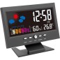 Ceas digital cu termometru si higrometru, control vocal, statie meteo, alarma, snooze, senzor de sunet, ecran LCD Ceas digital cu termometru si higrometru, control vocal, statie meteo, alarma, snooze, senzor de sunet, ecran LCD