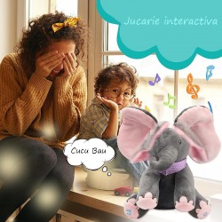 Elefantel de plus interactiv, canta si isi misca urechile, jucarie Peek a Boo