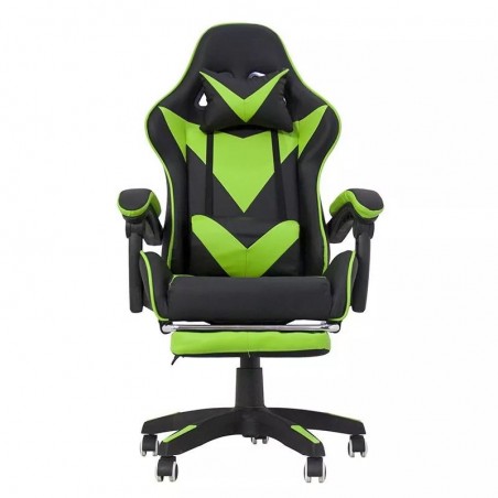 Scaun gaming, ergonomic, suport lombar, suport retractabil picioare, spatar rabatabil, inaltime reglabila, negru verde