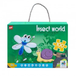 Puzzle lumea insectelor, 100 de piese, gentuta cu maner, carton, 3 ani+