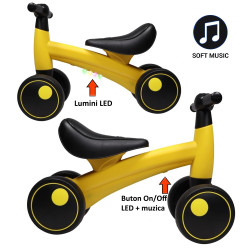 Bicicleta fara pedale, 4 roti, tricicleta luminite LED si muzica, 1-3 ani
