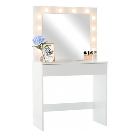 Masa de toaleta Hollywood, oglinda iluminata 12 LED-uri alb cald, sertar depozitare, placi MDF, 80x40x140 cm, alba