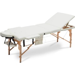 Pat masaj Bodyfit XXL, 3 sectiuni, inaltime reglabila 61-83cm, husa transport, cadru lemn, piele ecologica, pliabil, crem