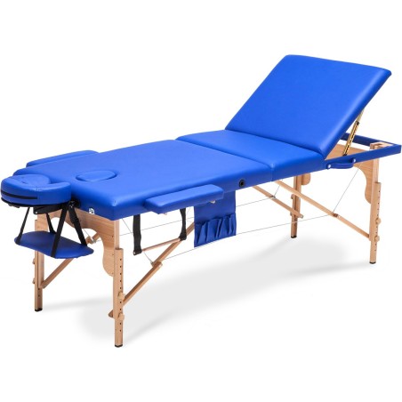 Pat masaj Bodyfit XXL, 3 sectiuni, inaltime reglabila 61-83cm, husa transport, cadru lemn, piele ecologica, pliabil, albastru
