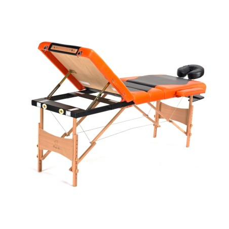Pat masaj Bodyfit, 4 sectiuni, inaltime reglabila 62-86cm, husa transport, cadru lemn, piele ecologica, pliabil,negru/portocaliu