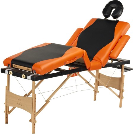 Pat masaj Bodyfit, 4 sectiuni, inaltime reglabila 62-86cm, husa transport, cadru lemn, piele ecologica, pliabil,negru/portocaliu