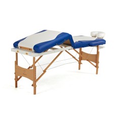 Pat masaj Bodyfit, 4 sectiuni, inaltime reglabila 62-86cm, husa transport, cadru lemn, piele ecologica, pliabil,albastru/alb