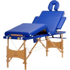 Pat masaj Bodyfit, 4 sectiuni, inaltime reglabila 62-86cm, husa transport, cadru lemn, piele ecologica, pliabil,albastru