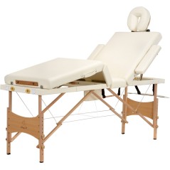 Pat masaj Bodyfit, 4 sectiuni, inaltime reglabila 62-86cm, husa transport, cadru lemn, piele ecologica, pliabil, crem
