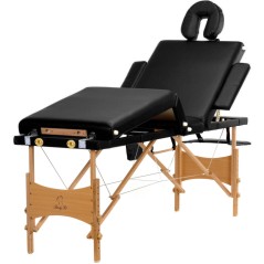 Pat masaj Bodyfit, 4 sectiuni, inaltime reglabila 62-86cm, husa transport, cadru lemn, piele ecologica, pliabil, negru